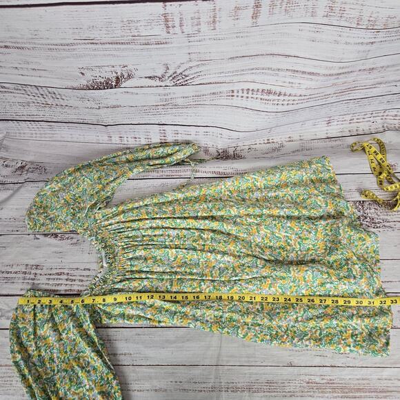 Faithfull The Brand Prairie Dress Sz M Green Yellow Floral Smocked Cottage Fairy - Picture 10 of 12